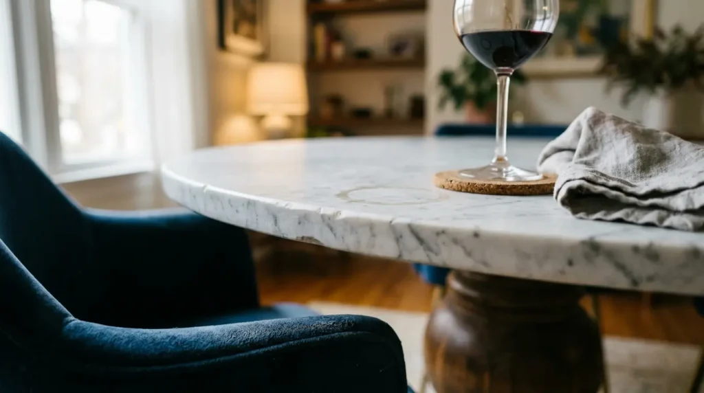 Honed marble dining table with a pedestal base and velvet chairs in an elegant dining room