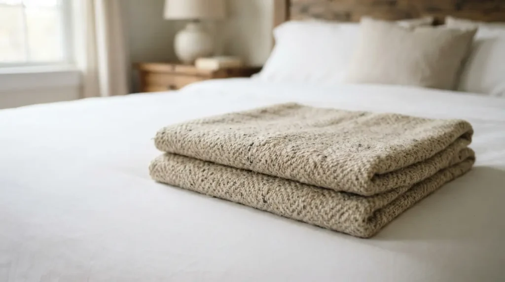 Folded throw at the foot of a neatly made hotel-style bed