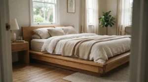 Low-profile platform bed frame in a minimalist naturally lit bedroom