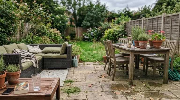 Garden furniture ideas showing a modular rattan sofa set and dining area styled as an outdoor room