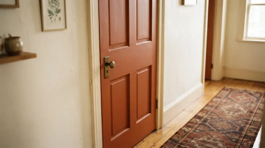 Deep terracotta interior door against pale walls in a naturally lit hallway