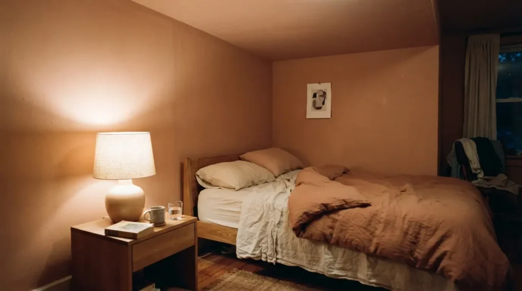 Colour-drenched bedroom ceiling and walls in the same warm tone