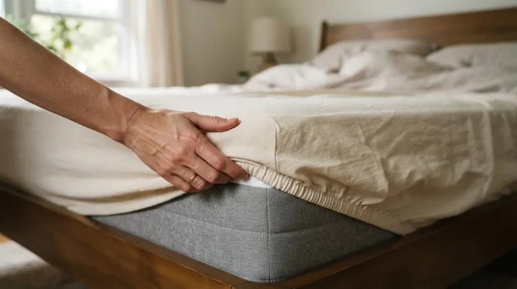Fitted sheet corner showing genuine depth on a hotel-style bed