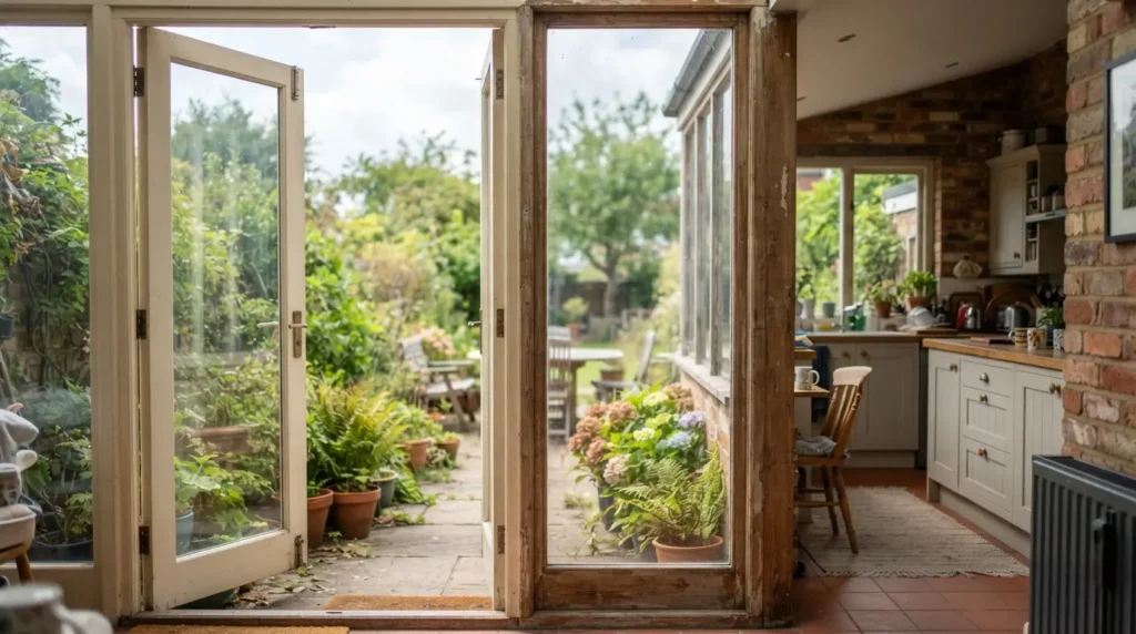 Comparing French door and bi-fold door opening width in a kitchen extension
