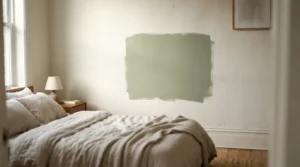 Paint sample tested on a bedroom wall in soft morning light