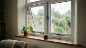 Bright living room with newly installed casement replacement windows framing a garden view