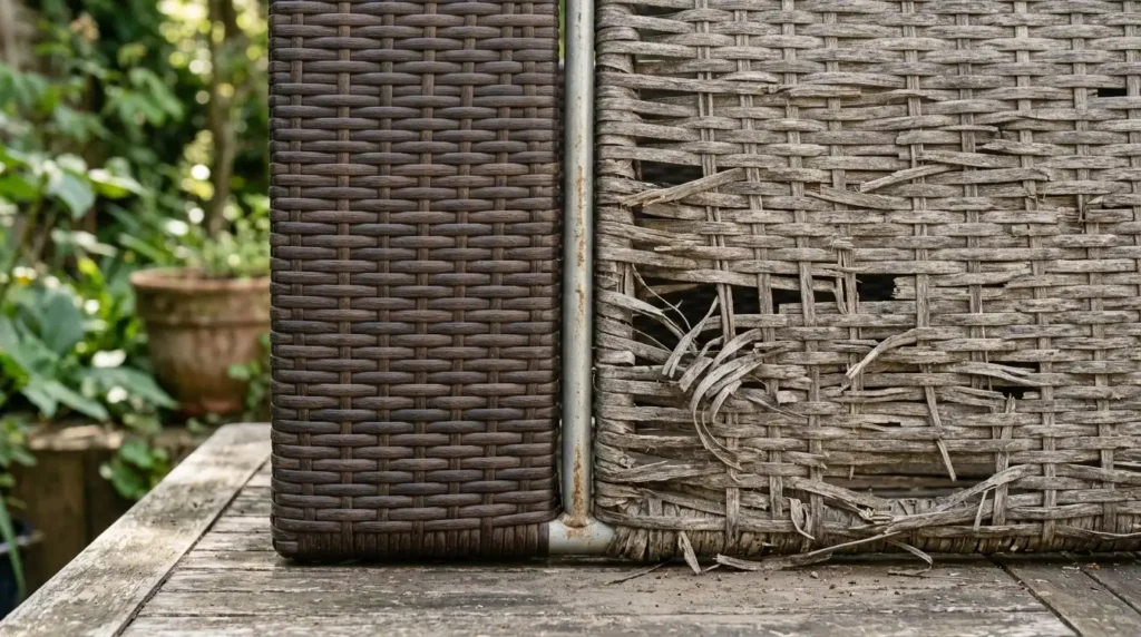 Close up of HDPE woven garden furniture weave compared to cracked PVC rattan