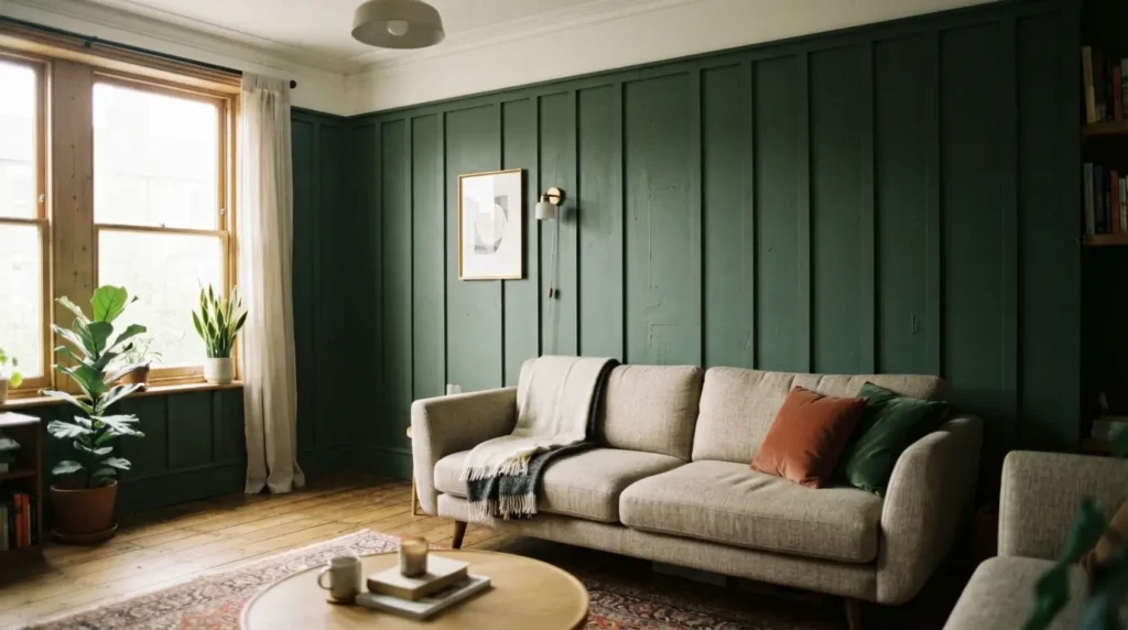 MDF wall panelling installed and painted as a feature wall in a living room