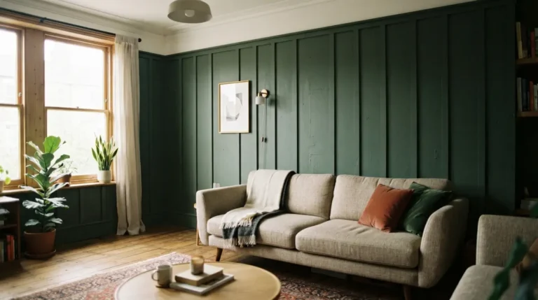 MDF wall panelling installed and painted as a feature wall in a living room