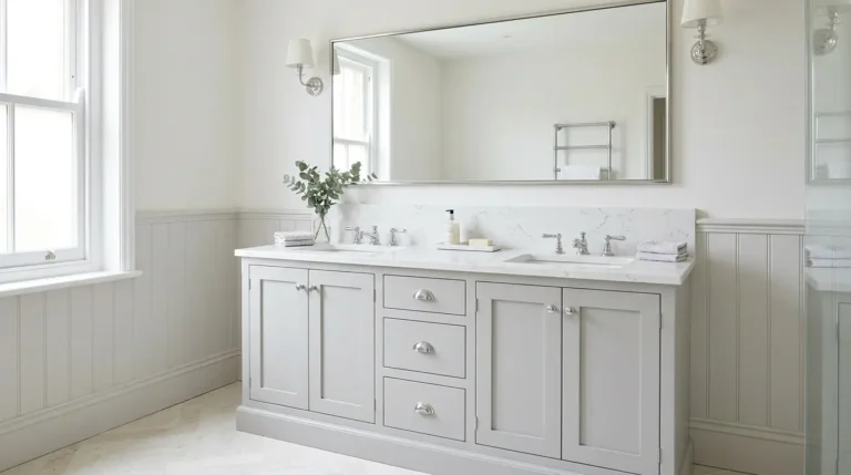 Double vanity unit with two basins in a UK master bathroom.