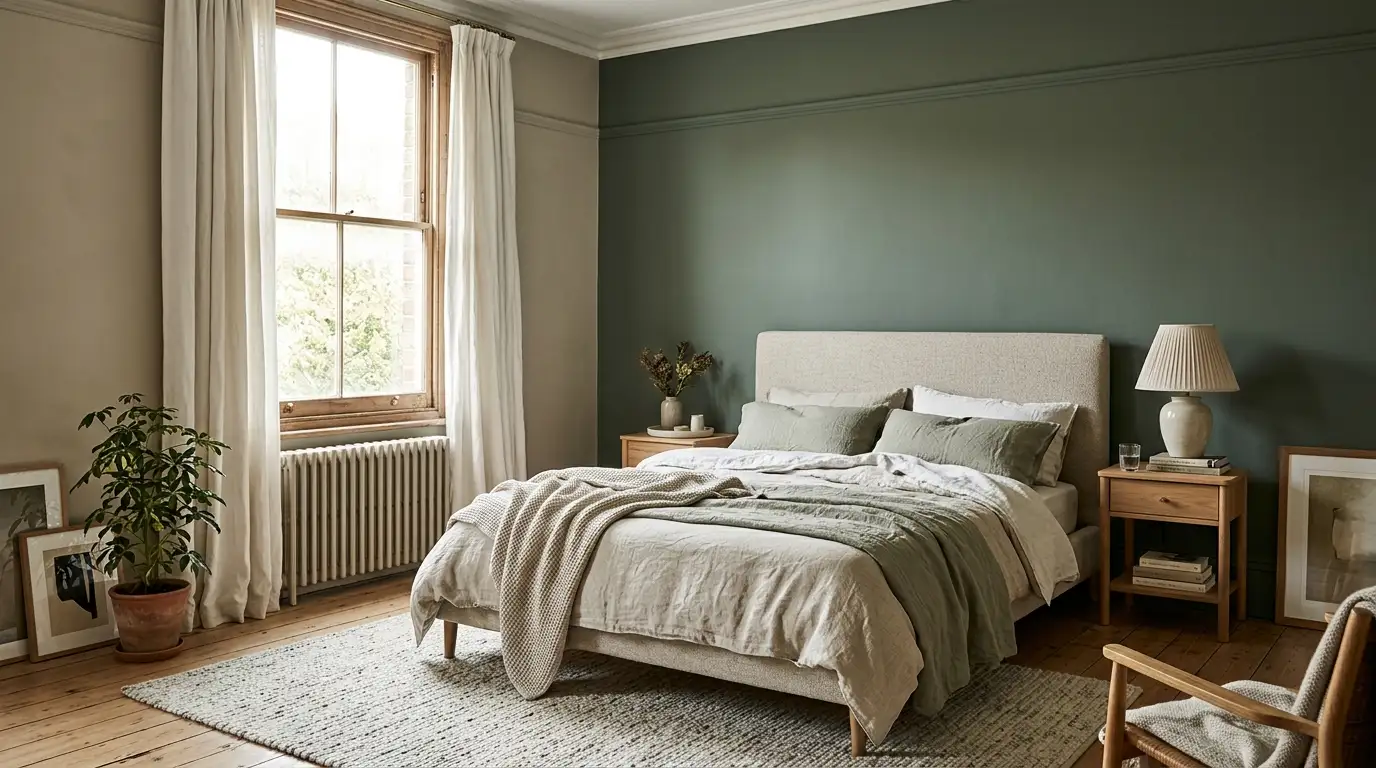 Bedroom feature wall in deep sage behind an upholstered bed with plain linen bedding