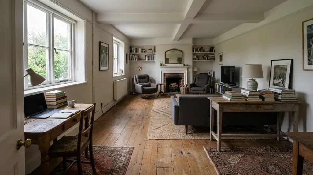 Long narrow living room arranged into zones with a floating sofa, a console table and a desk by the entrance