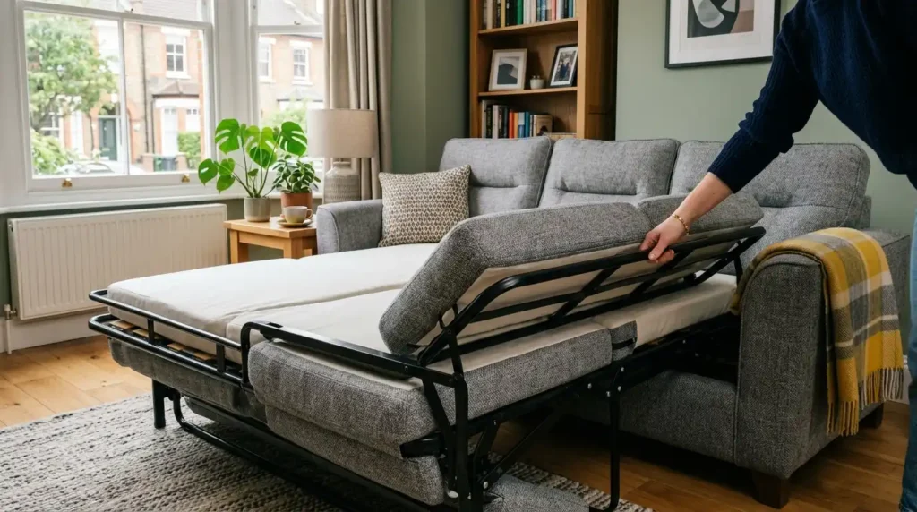A sofa bed turns a living room into a guest room without a spare bedroom. 