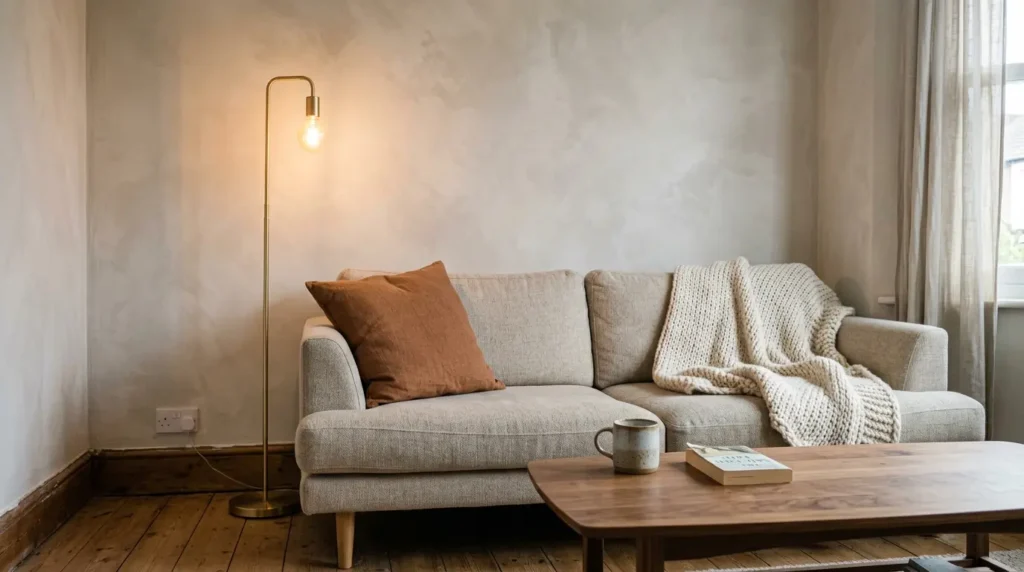 Soft limewash accent wall behind a linen sofa with a floor lamp and low wooden coffee table
