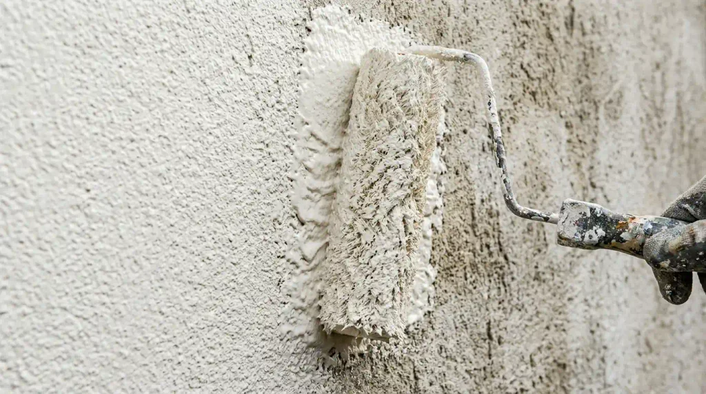 Applying exterior masonry paint.