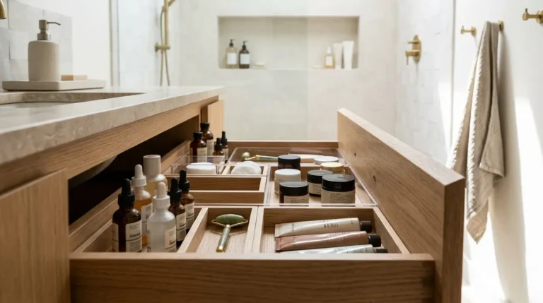 The best bathroom storage ideas give every product a fixed home: drawers for daily items, a niche in the shower, hooks for towels, and hidden space for bulky extras.