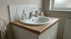 Bathroom basin on a vanity unit with a mixer tap.