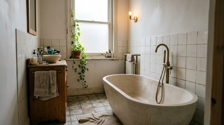 Freestanding stone bath with brass tap and timber vanity in a calm UK bathroom.