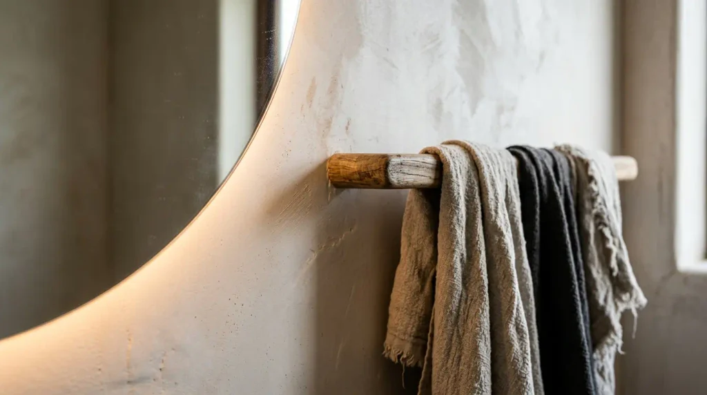 Warm backlit mirror and thick towels on a wooden rail in soft bathroom light.
