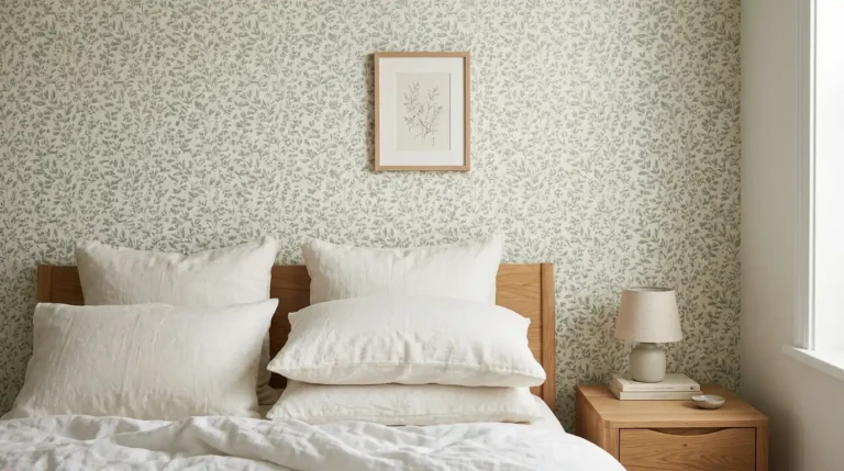 Bedroom bed wall in small sage botanical wallpaper, centred above white linen pillows, oak bedside table, soft daylight, no people