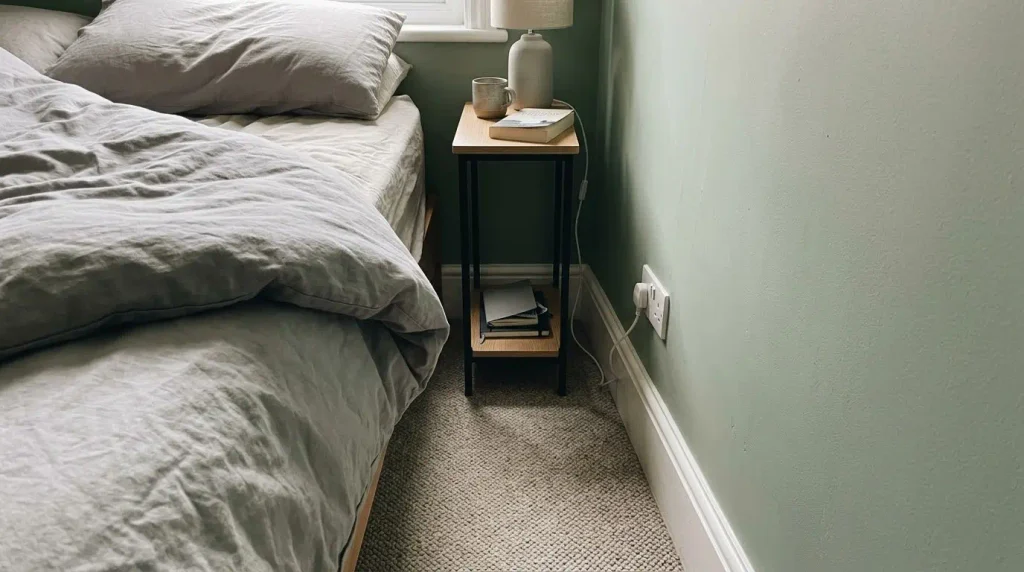 Bedside table clearance between bed and wall in a UK bedroom.