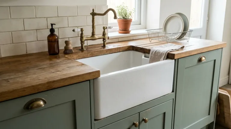 White Belfast sink with a bridge tap in a farmhouse kitchen.