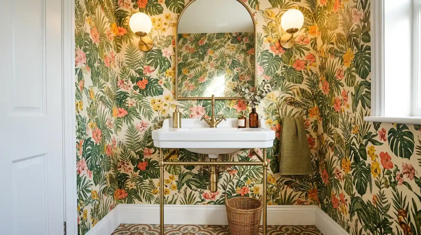 Botanical wallpaper cloakroom with brass fittings.