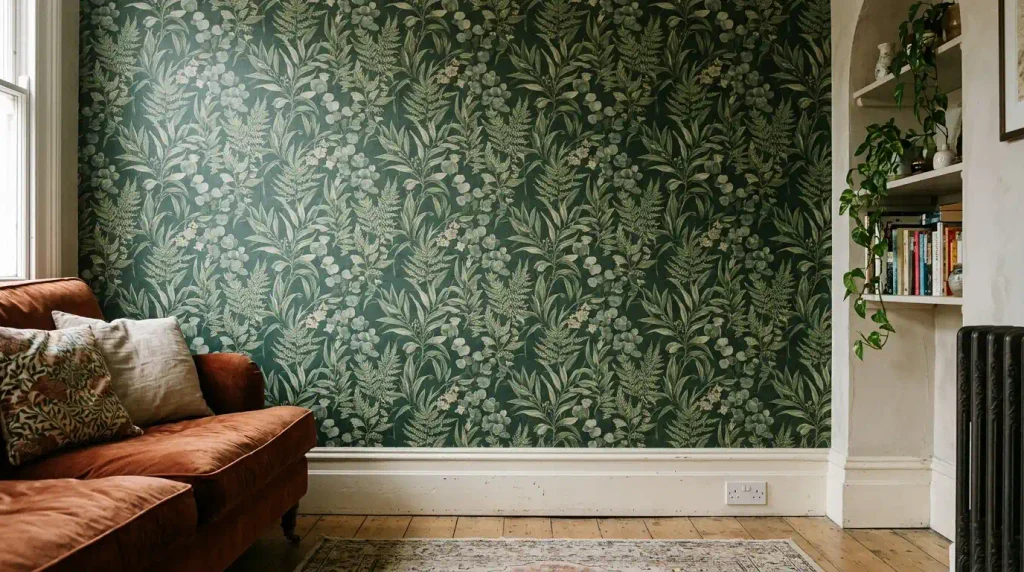 Botanical wallpaper on a single living room feature wall.
