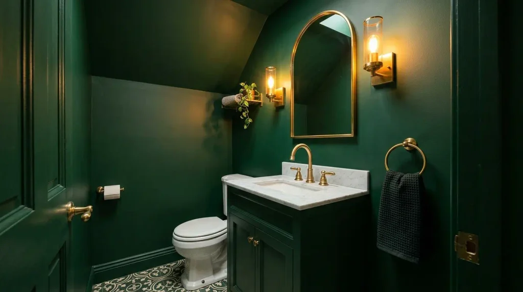 Bottle green bathroom wrap with brass fittings.