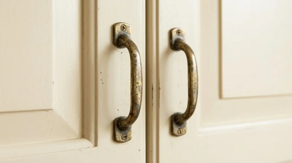 Aged brass handles on painted kitchen cabinets