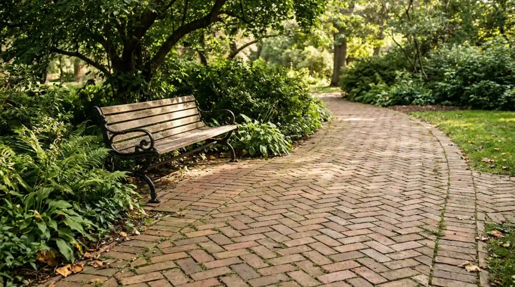 Brick herringbone garden path.