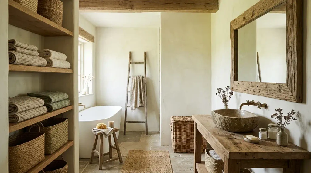 Natural wood, woven baskets and open shelves add the lived-in warmth that defines a rustic bathroom.