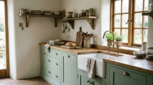 Budget-friendly country kitchen with painted cabinets and open shelves.