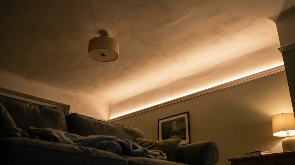 Ambient layer in a living room lighting scheme with a dimmable pendant and warm cove glow above a sofa
