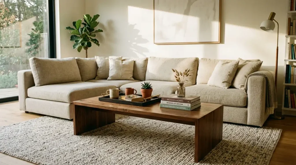 Style it with a tray, a couple of books and one living element rather than a crowd of objects.