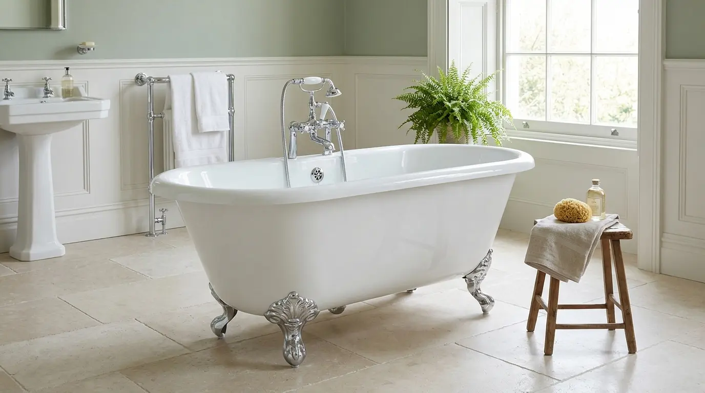 Classic white roll top bath with claw feet in a UK bathroom.