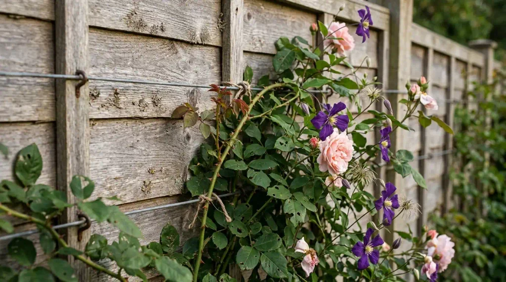 Climbing plants on a garden fence adding height in a UK outdoor space.