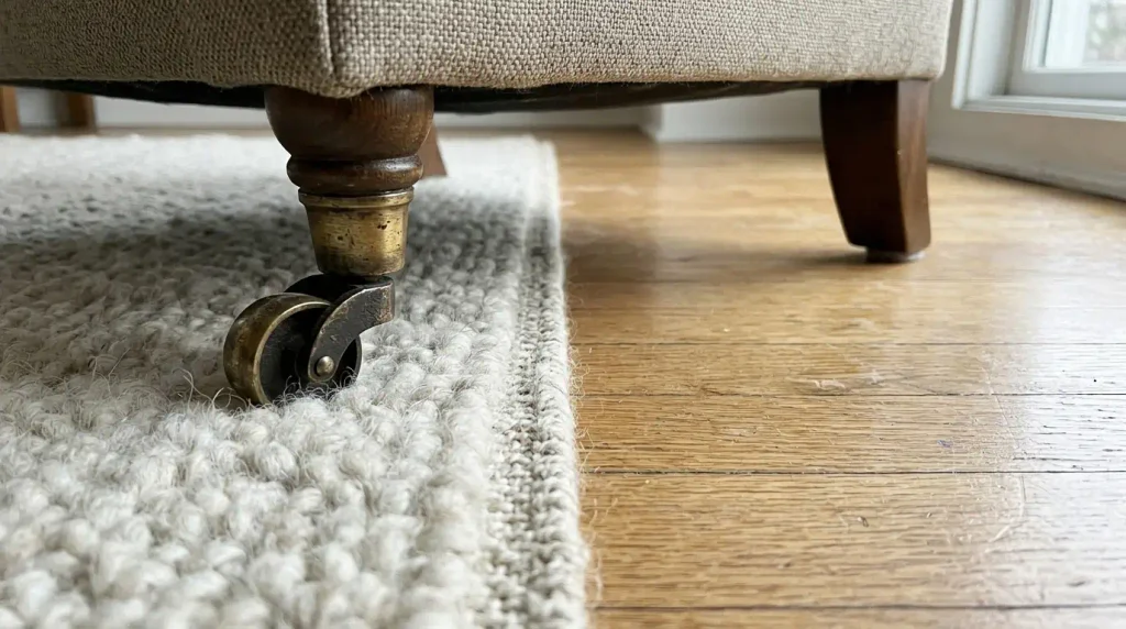 Close view of front caster on pile and back leg on bare floor.