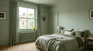 Colour-drenched sage green bedroom with matching walls, ceiling and woodwork.