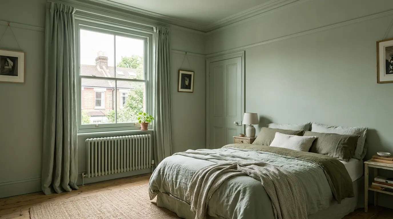Colour-drenched sage green bedroom with matching walls, ceiling and woodwork.
