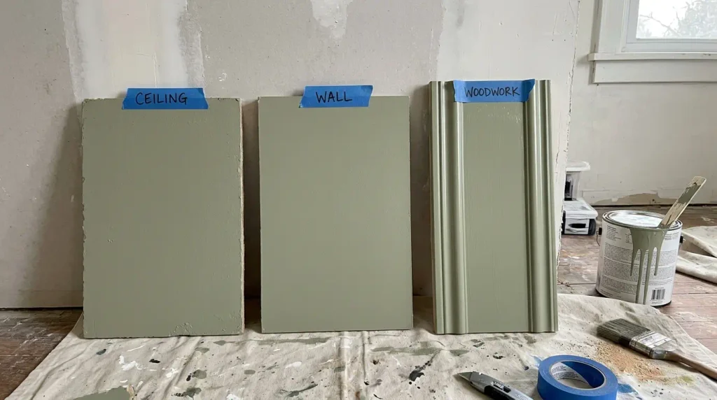 Colour drenching samples tested on wall, ceiling and woodwork.