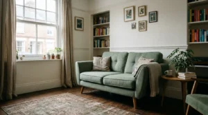 Compact two-seater sofa with raised legs in a small living room showing clear walkway