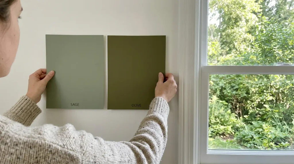 Comparing green paint samples to outdoor foliage