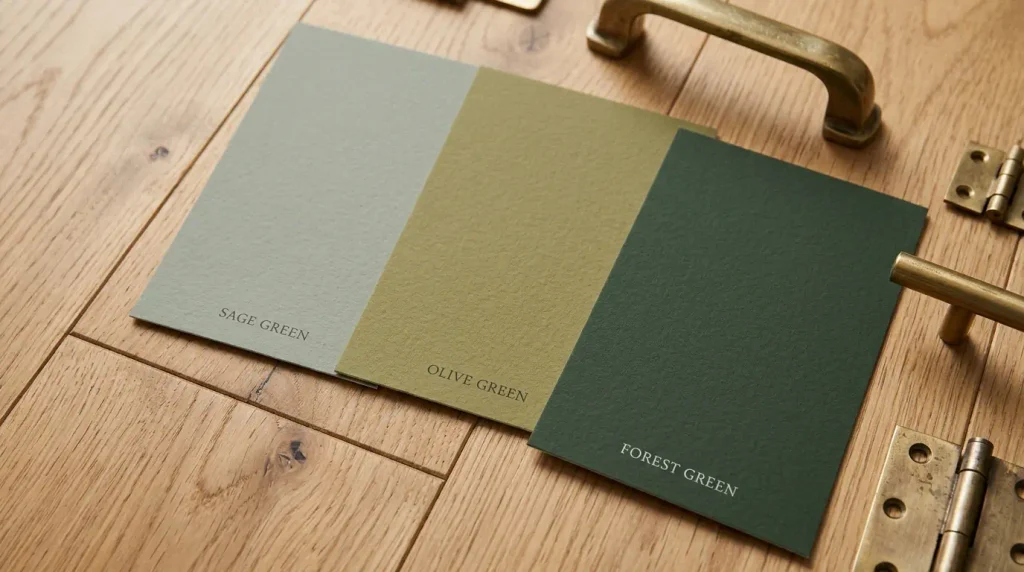Comparing sage, olive and forest green paint samples.