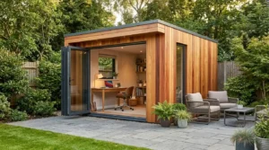 Contemporary garden room with bi-fold doors.