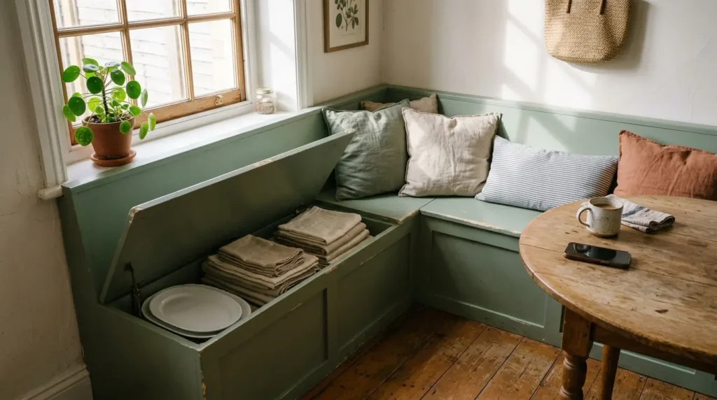 Corner banquette seating with cushions and a lifted storage seat beside a round dining table