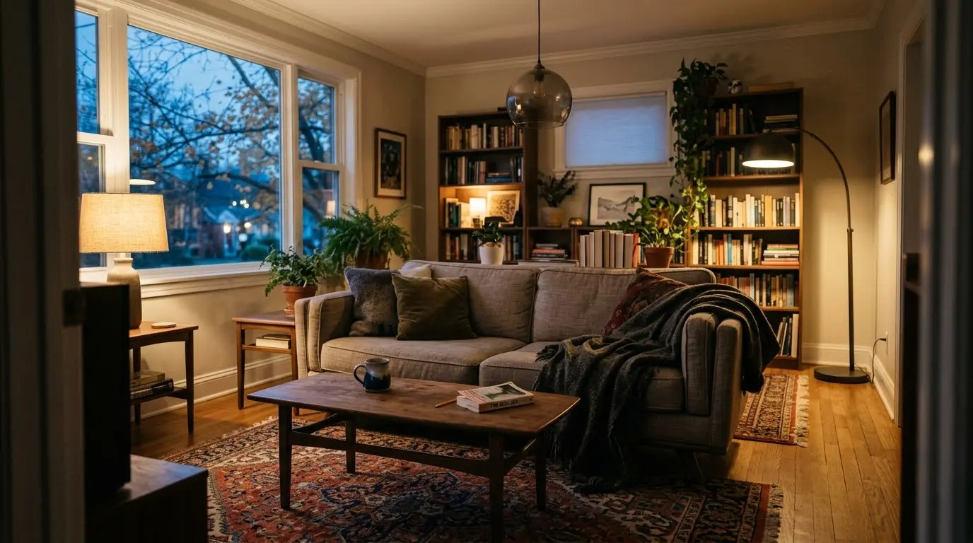 Cosy living room lighting with a dimmed glass pendant, fabric-shade table lamp and arc floor lamp creating warm layered light in the evening