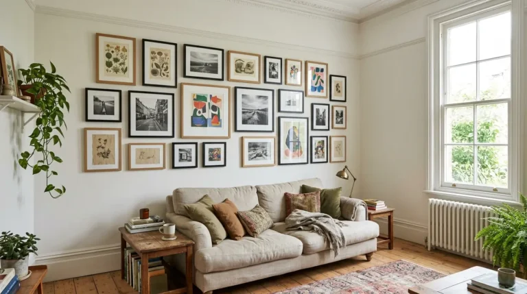 Curated gallery wall of mixed frames above a living room sofa.