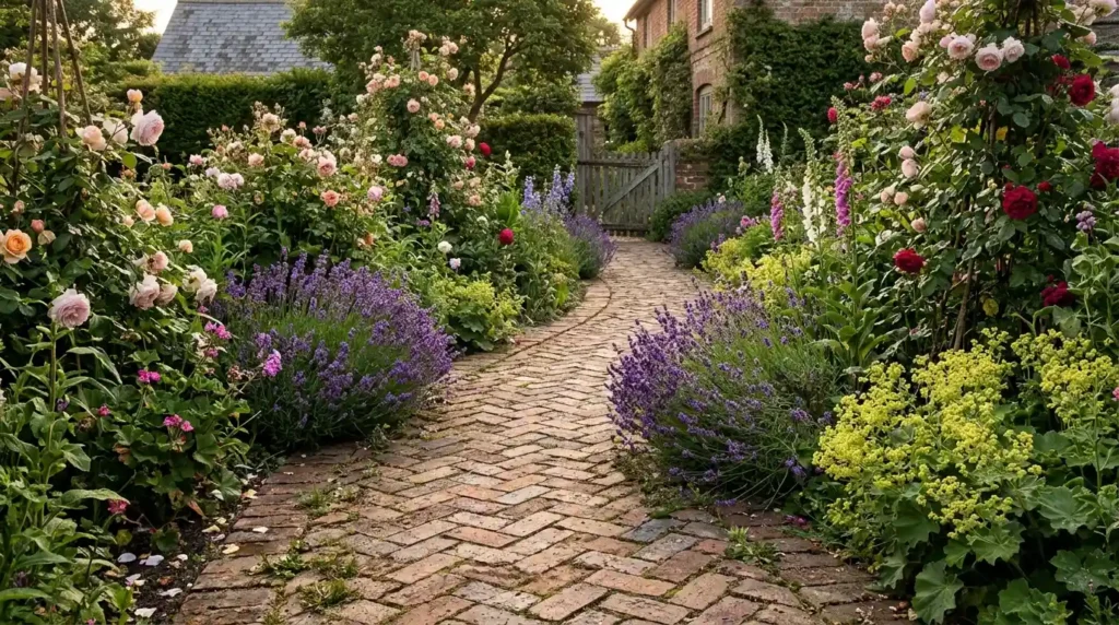 Curved brick garden path laid with proper edging through flowering borders.