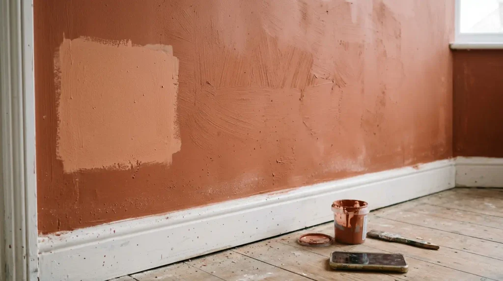 Sample boards of clay, sage, and greige on a living room wall beside a window.